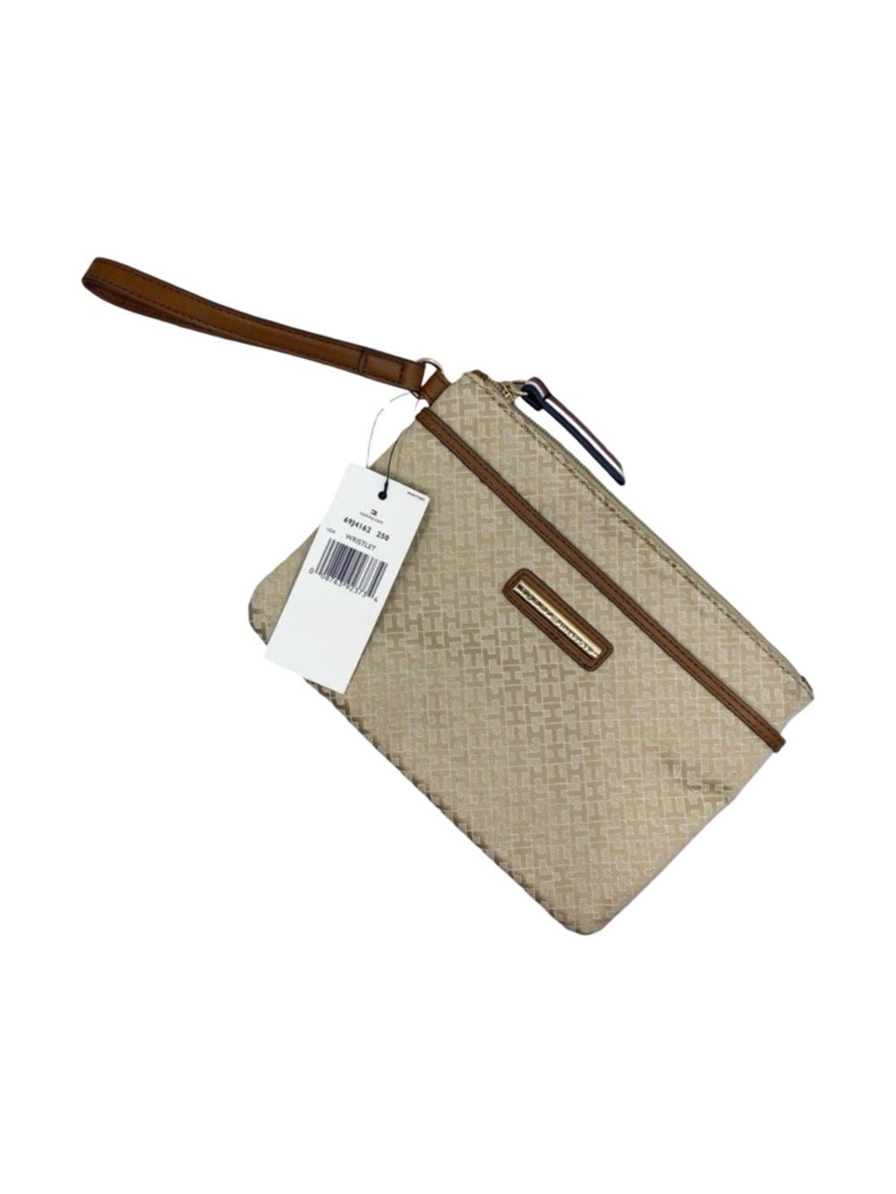 Tommy Hilfiger Large Champagne Printed Logo Wristlet - 8.5" x 6" x 0.5”